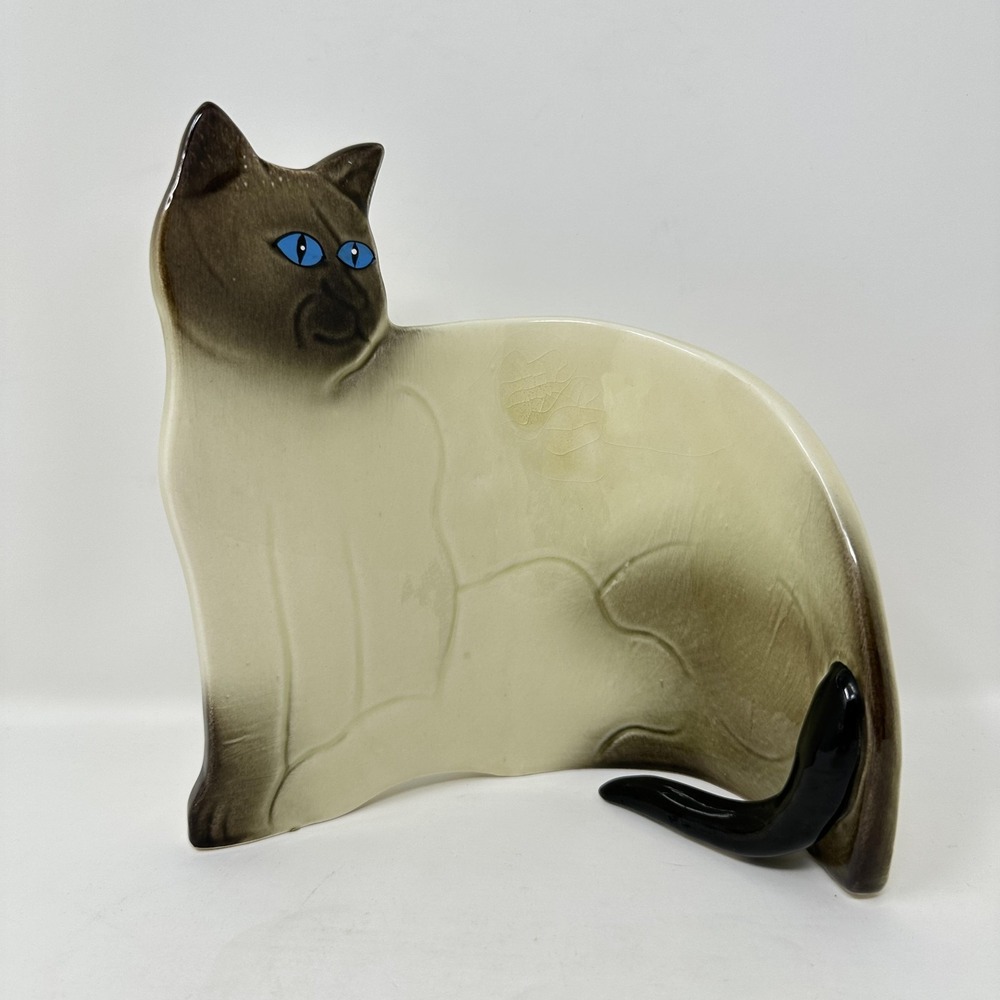 Vintage Seymour Mann Japan Siamese‎ Cat Ceramic Flat Curved Figurine Blue Eyes